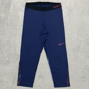 Nike Pro Pants Womens L Blue Dri Fit Cool Compression Capri Leggings